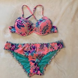 Pink Tropical Push Up Bikini with Scrunch Bottom